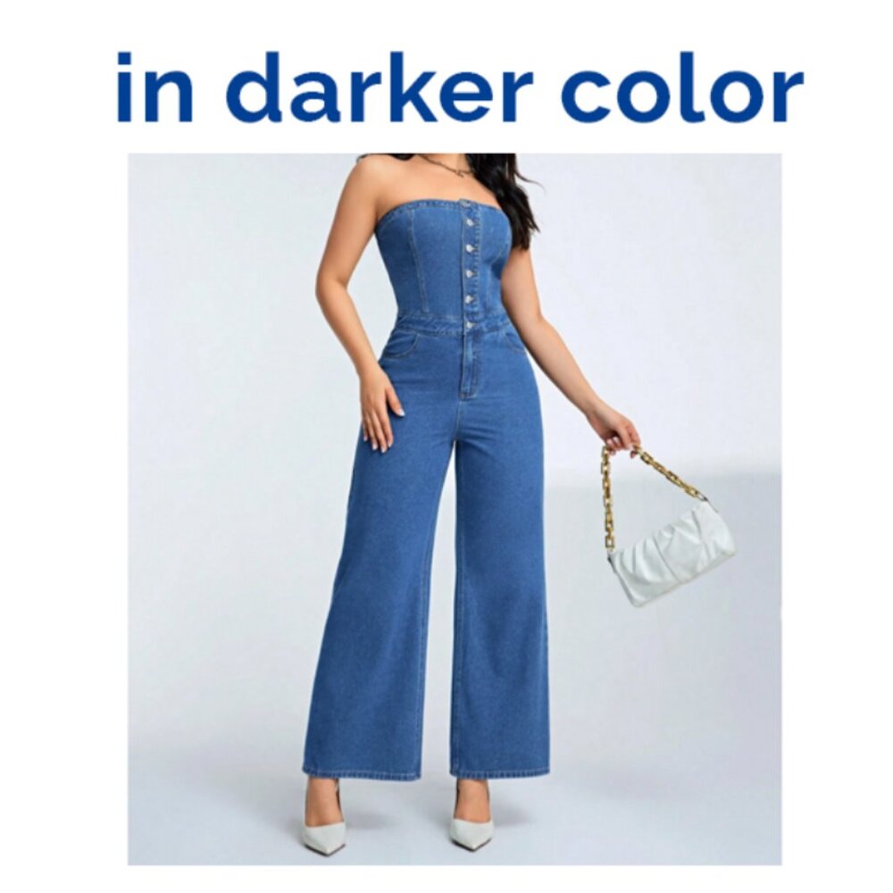 SHEIN Privé Strapless Denim Jumpsuit With Wide Leg Cut in Dark Wash Size M NWOT